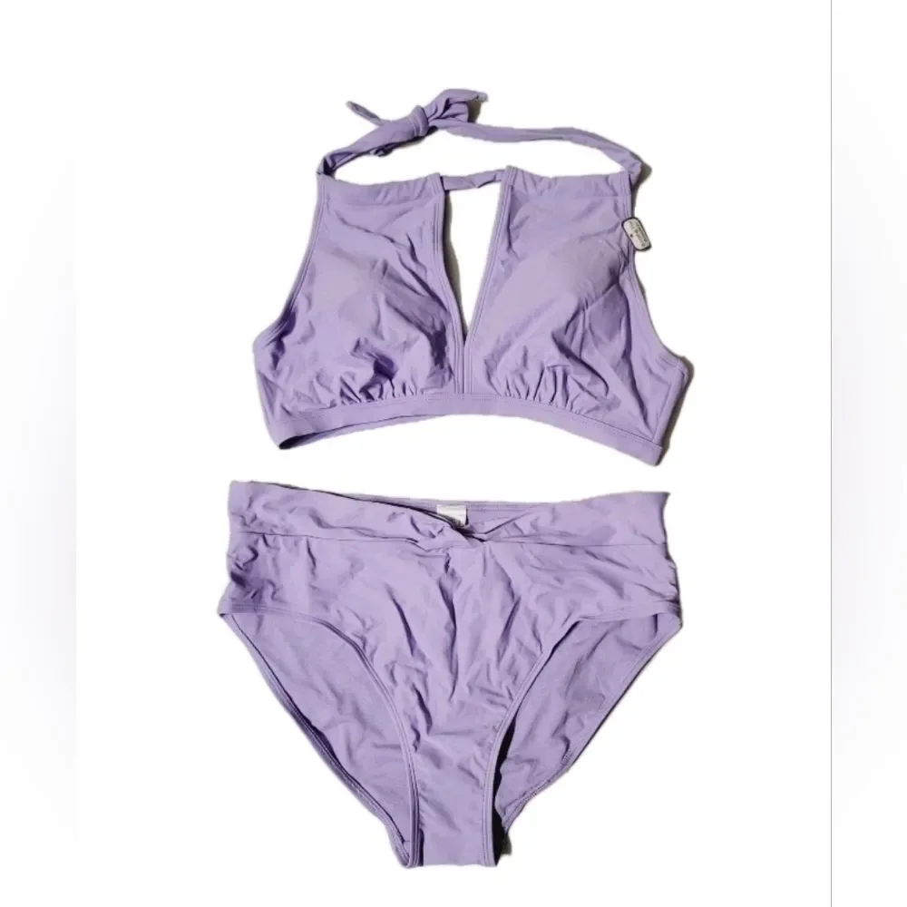Time & Tru Women's L 12/14 Keyhole Halter Top + High Waisted Bikini Lavender NWT